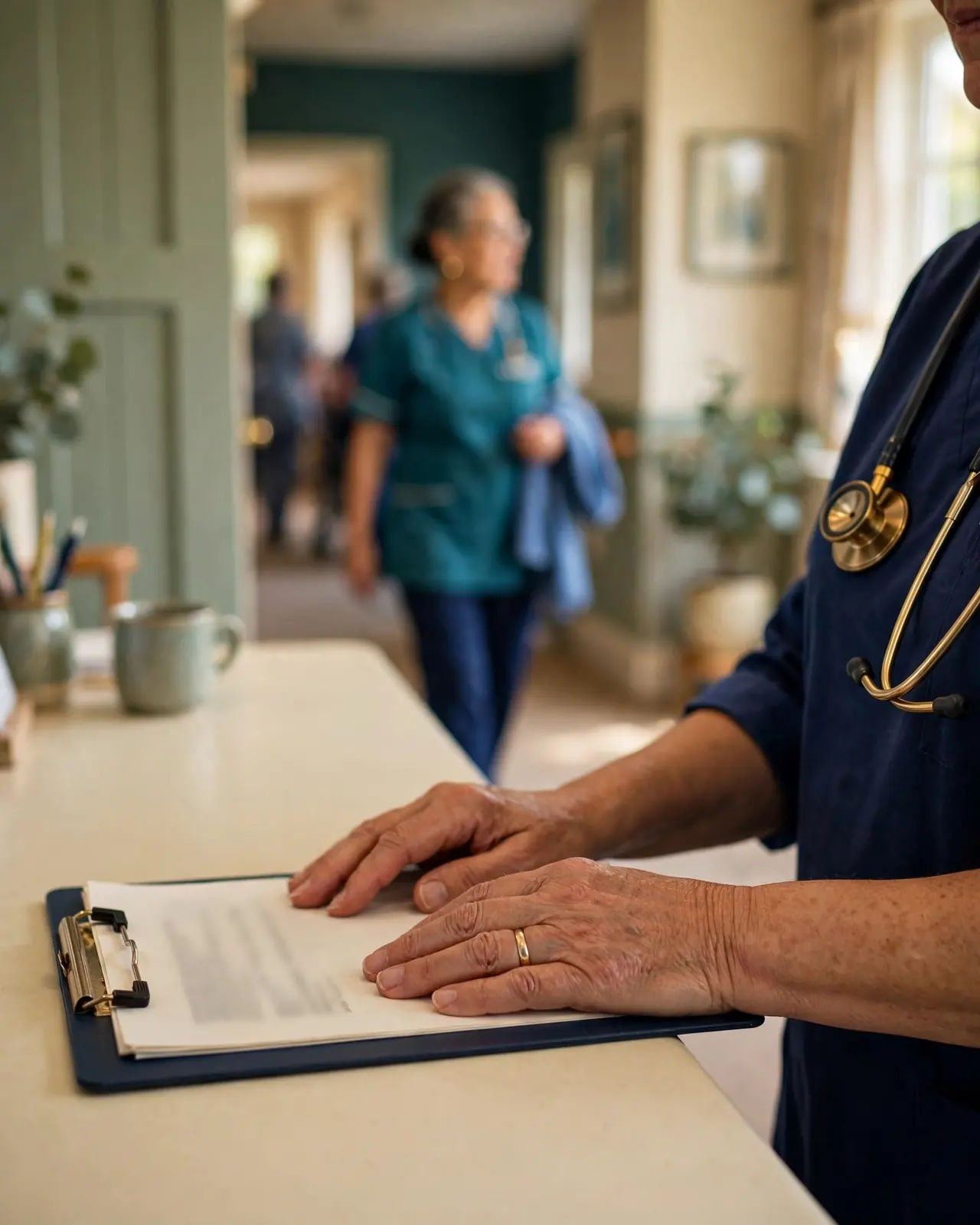 A registered nurse at work at a nurses' station.