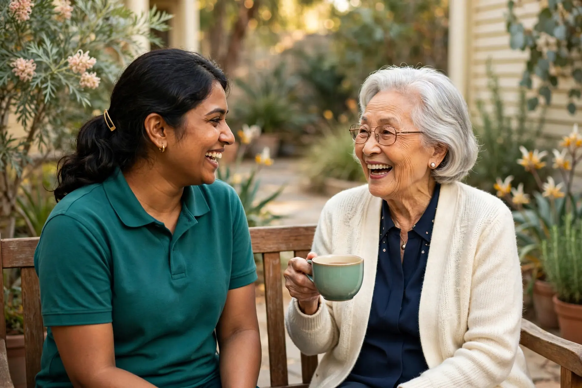 A care worker and an older woman sharing a laugh in a garden.