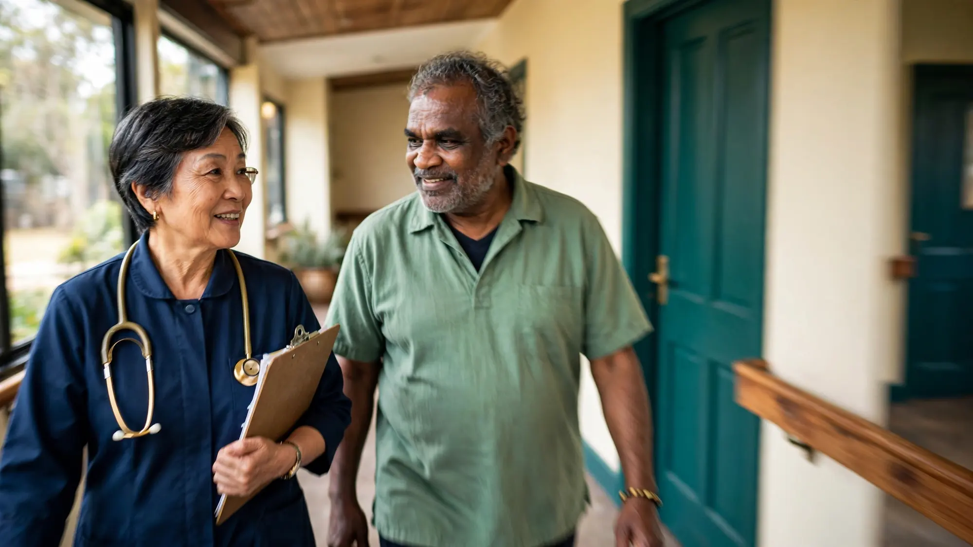 A nurse and a care worker walking and talking in a bright corridor.