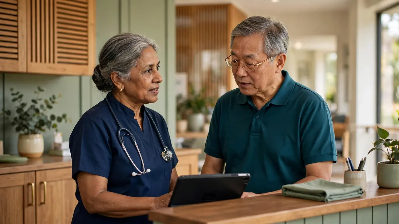 A registered nurse and a care worker reviewing a shift handover on a tablet.