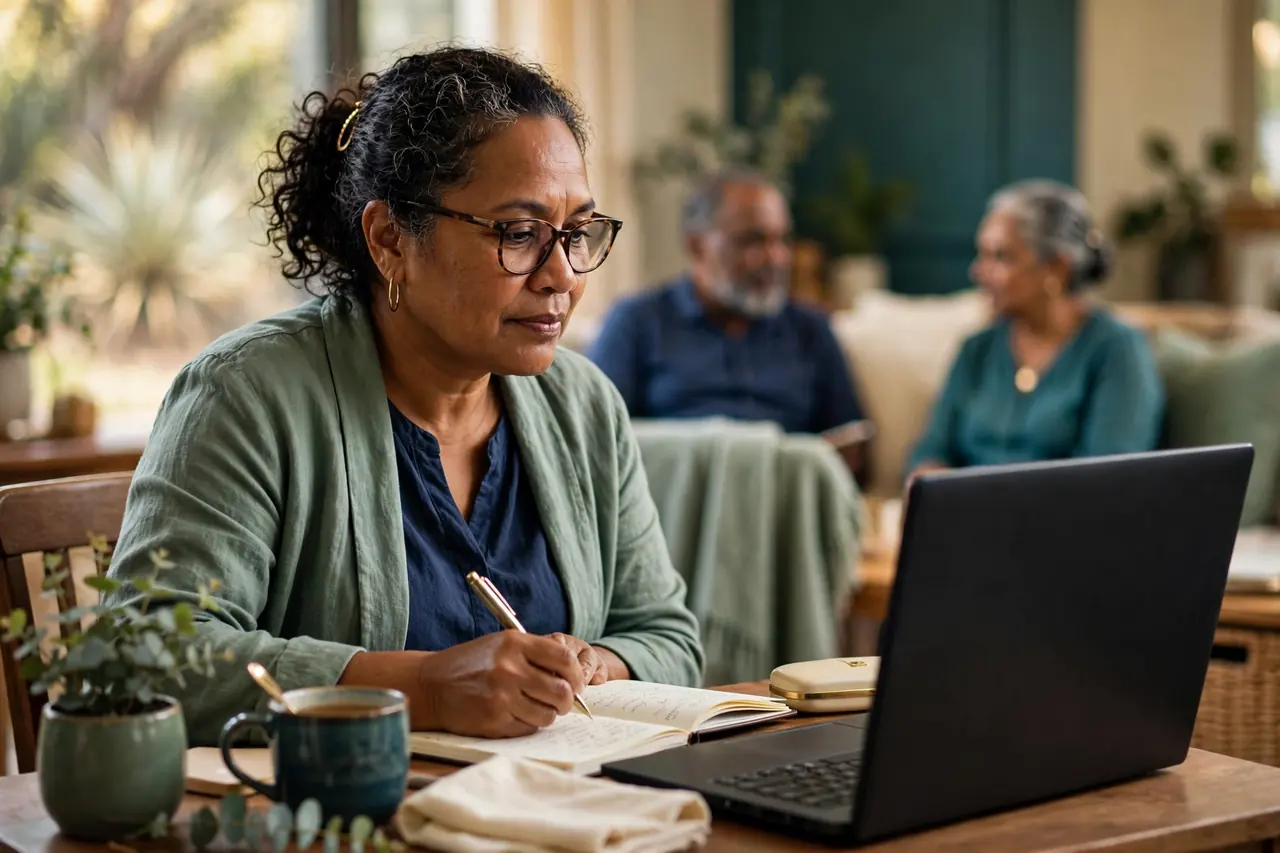 A clinician reviewing care documentation and taking notes at a laptop.