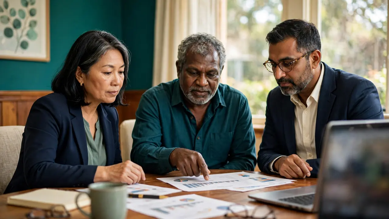 Three aged care managers reviewing staffing charts together.