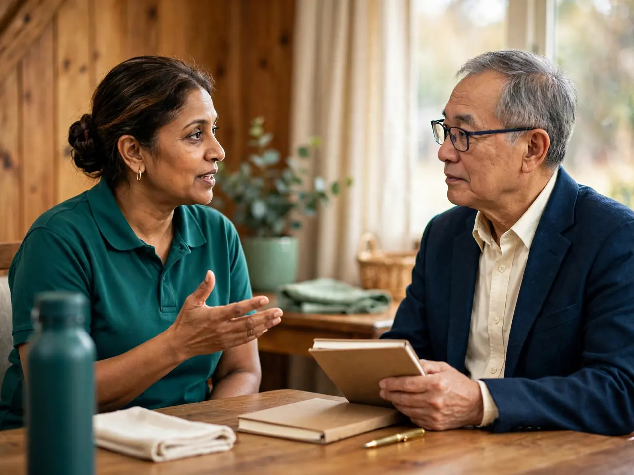 A consultant listening to a care worker during a practice audit interview.