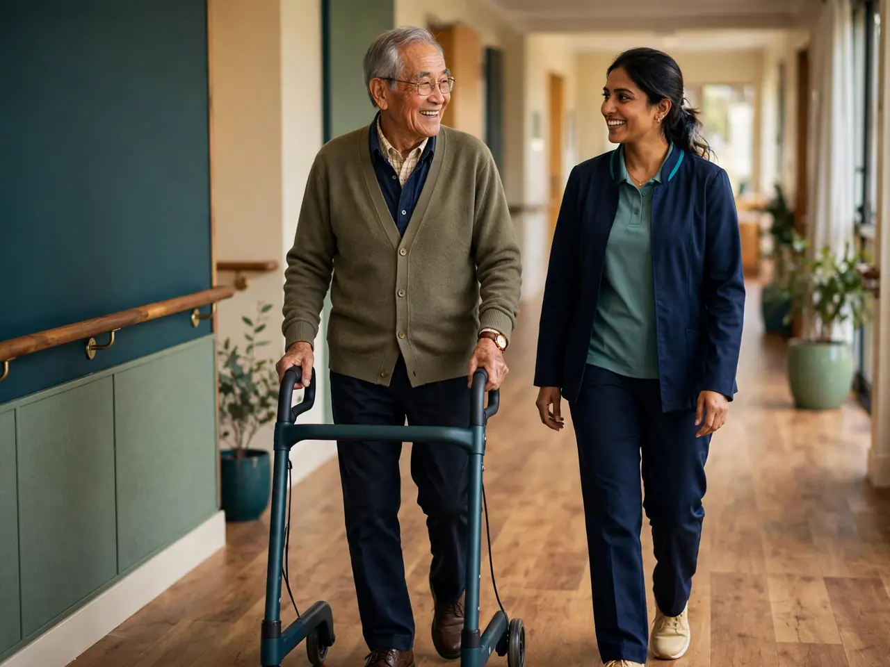 An older man walking confidently with a walking frame, a staff member beside him.