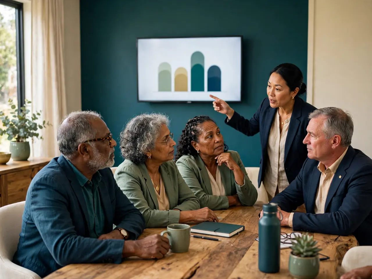 A governance committee discussing a simple chart in a meeting room.