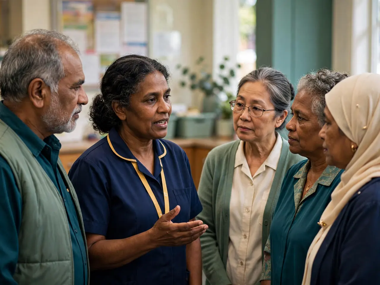 Care staff in a short, supportive team huddle.