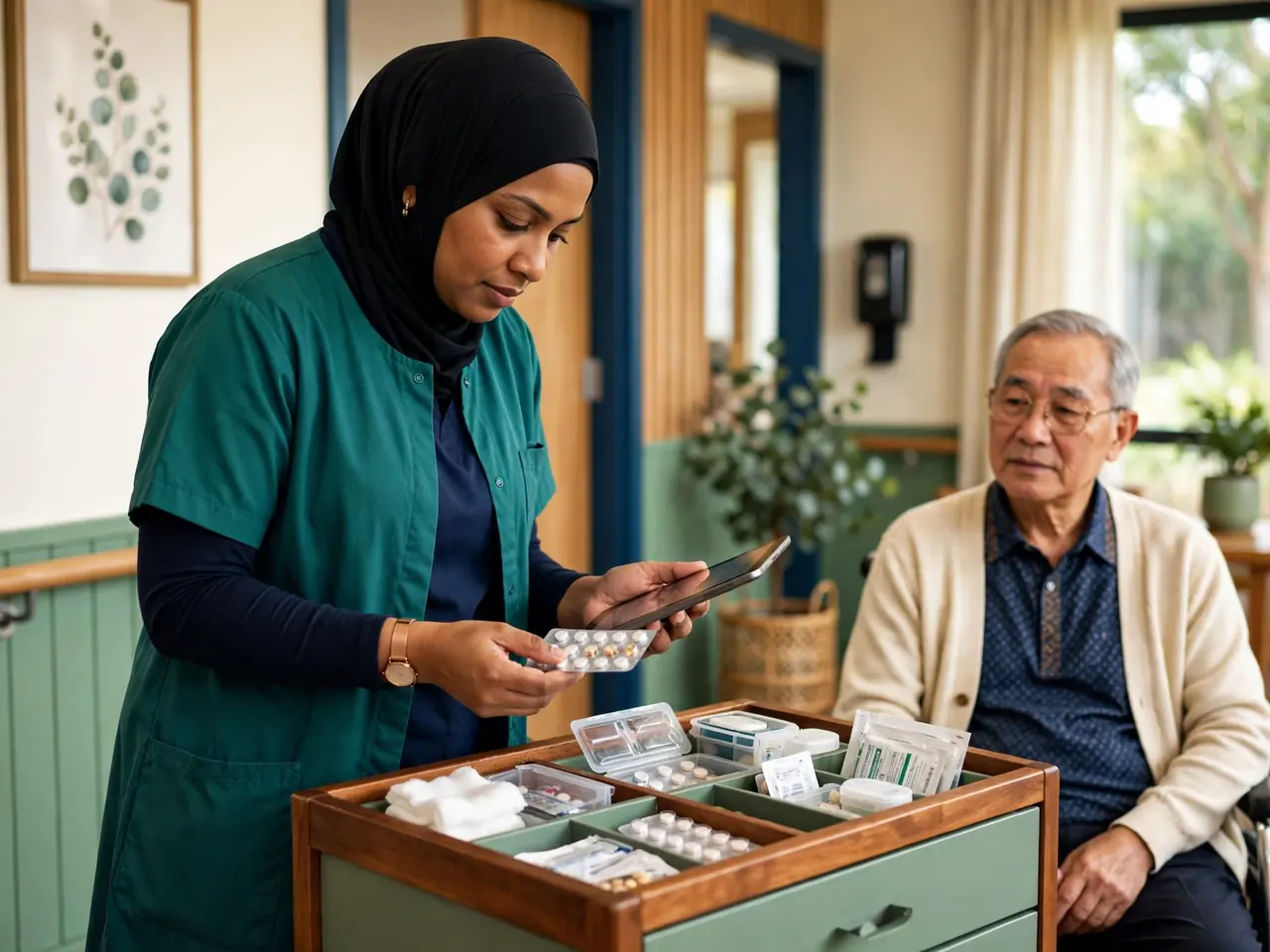 A nurse checking medicines at a medication trolley beside a resident.