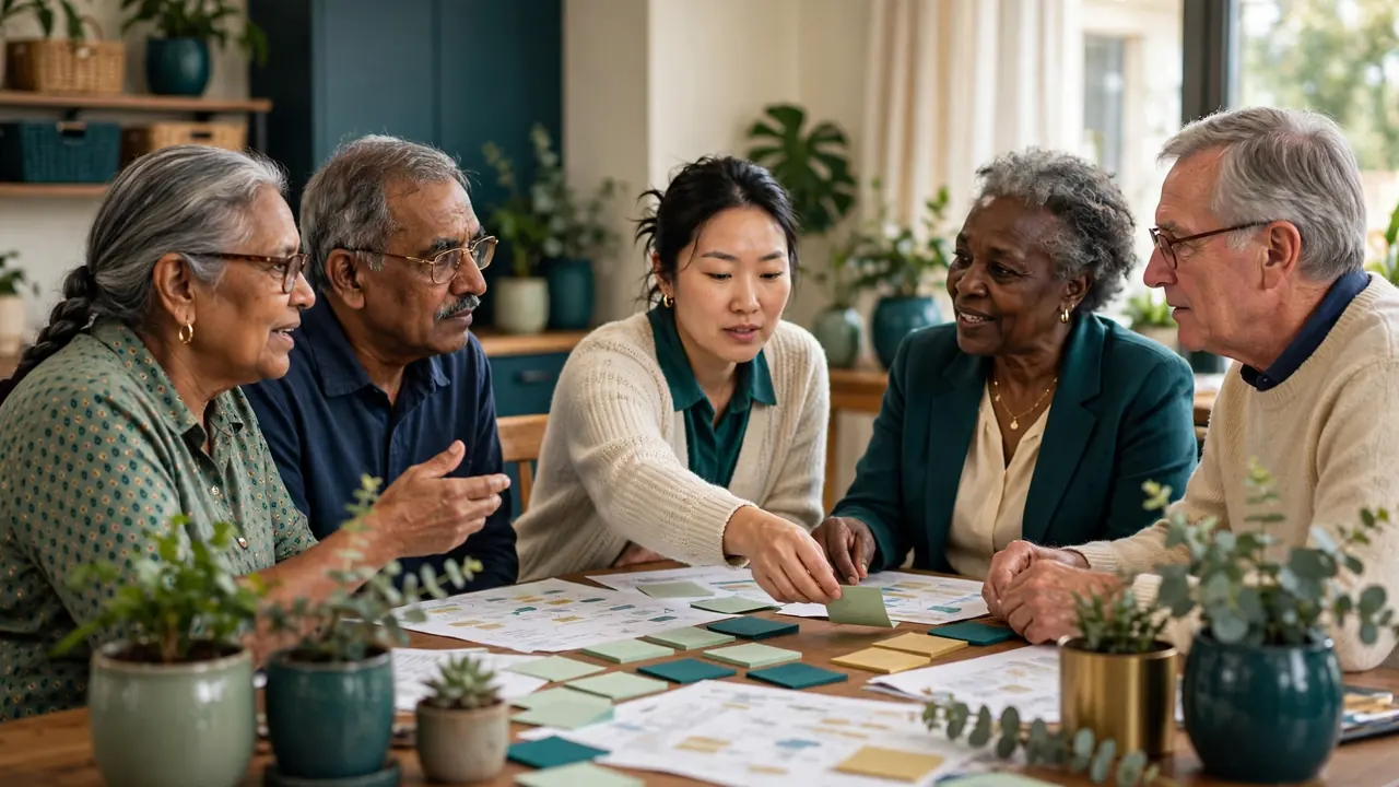 Staff and family members discussing a care plan together around a table.